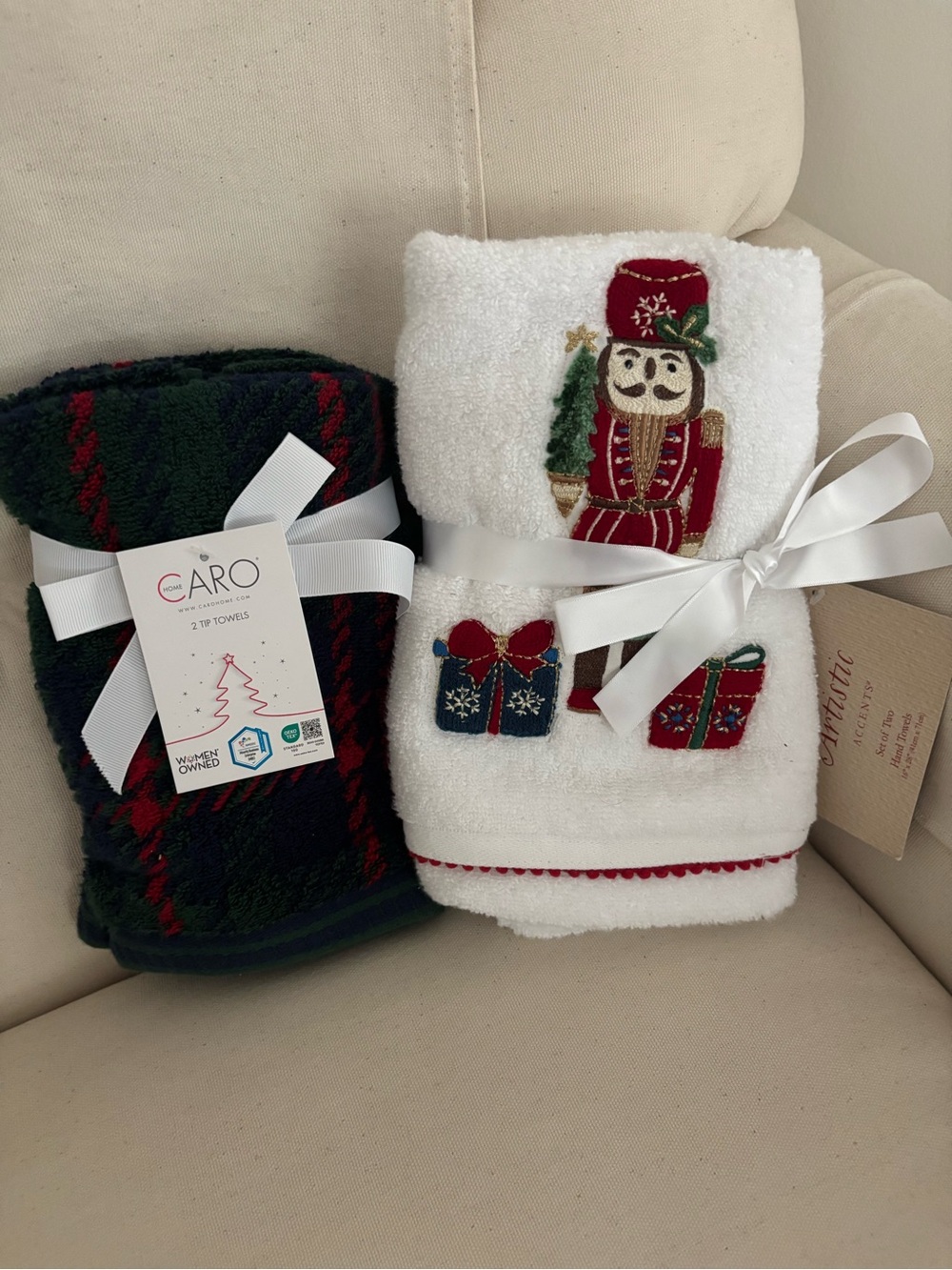 Holiday Nutcracker Embroidered White Towel Set and multi color towel